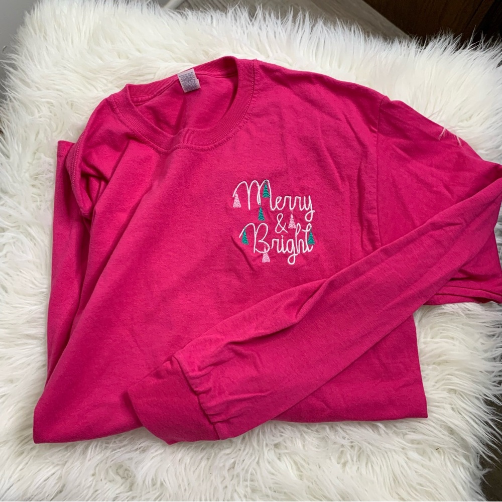 Jerzees Long Sleeve Embroidered Merry and Bright T-Shirt